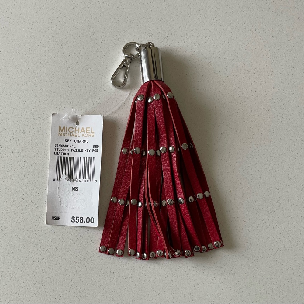 NWT Michael Kors Studded Tassel Key Chain Fob Bag Charm Silver/Red Leather - Picture 3 of 7